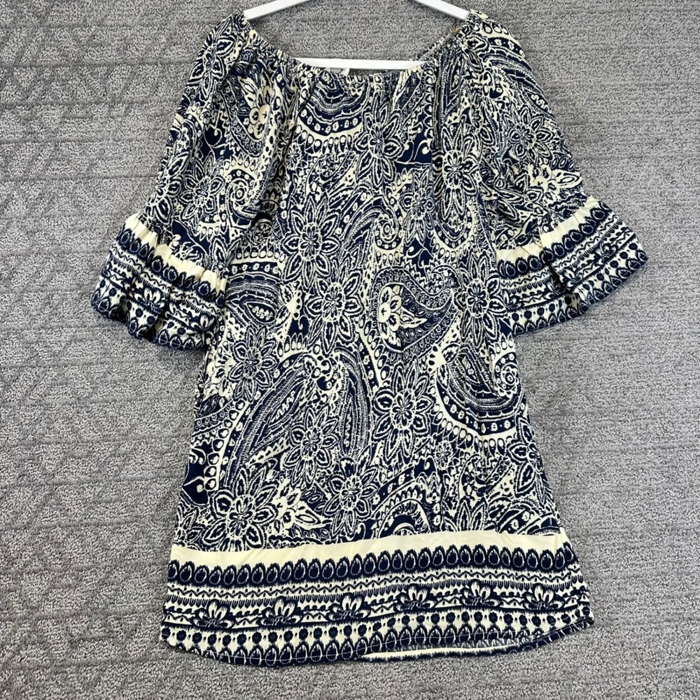 Umgee‎ USA Women's Small Paisley Print Off Shoulder Dress Beige Blue
